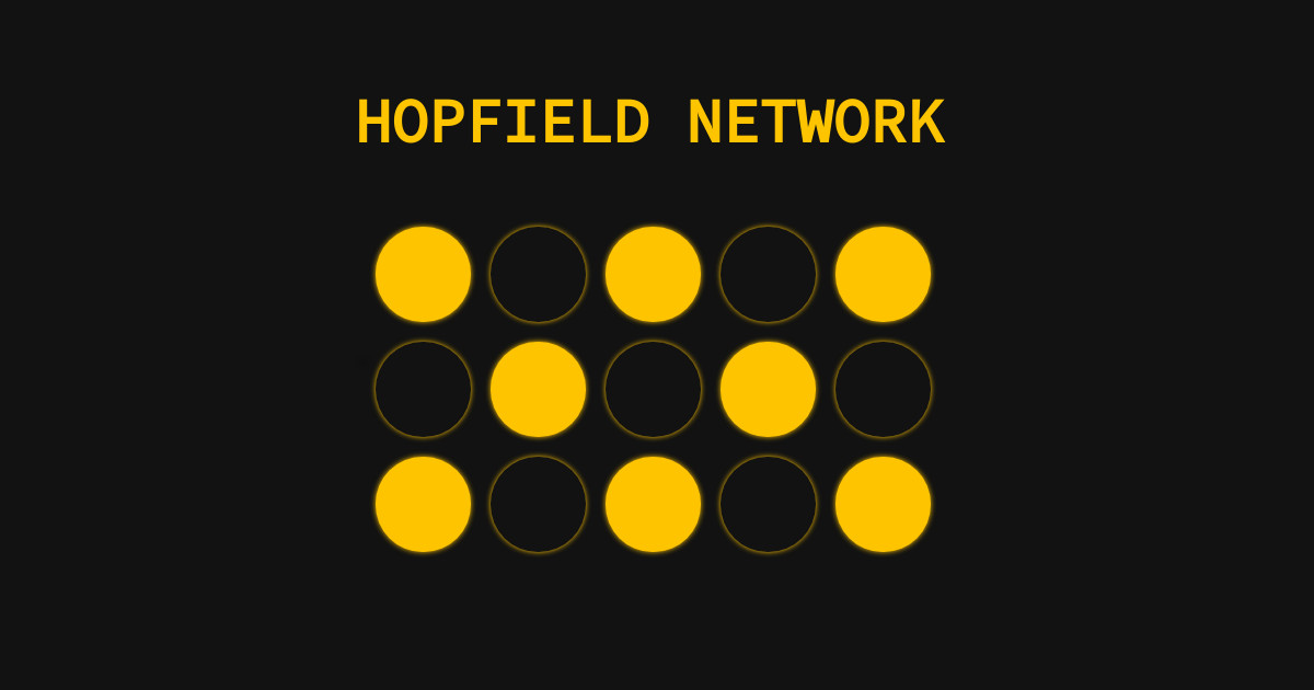 A title card for the Hopfield Network project featuring a 3-by-5 grid of dots