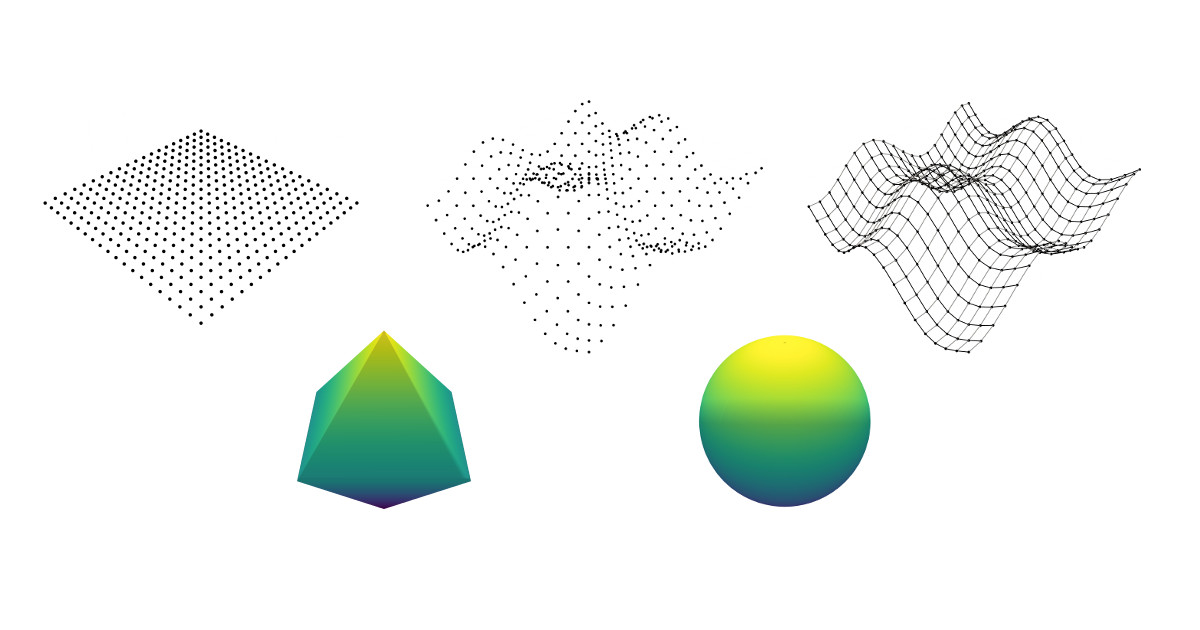 Image of several stages of construction of a 3D mesh grid, an octahedron, and a sphere